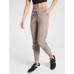 Athleta Attitude Ruched Drawstring Lightweight Stretch Crop Jogger Pants Beige